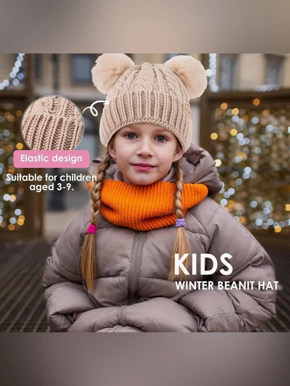 White Double Pom Pom Knit Beanie for Kids